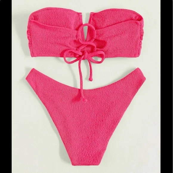 Sexy Hot Pink Ruffles V Neck Crisscross tie back Cheeky Bikini Swimwear Beach - Picture 6 of 6